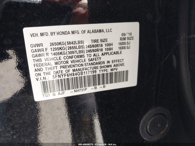Honda Pilot Ex-l 2016 5FNYF6H84GB117199 Image 9