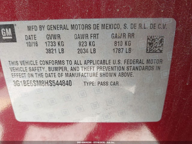 Chevrolet Cruze Lt Auto 2017 3G1BE6SM8HS544840 Image 9