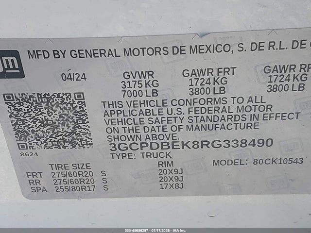 Aukcja sprzedaży 2024 Chevrolet Silverado 1500 4wd  Short Bed Custom, vin: 3GCPDBEK8RG338490, numer aukcji: 45656297
