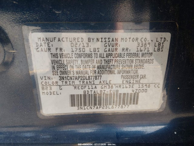 Продаж на аукціоні авто 2013 Nissan Versa 1.6 Sv, vin: 3N1CN7AP2DL877877, номер лоту: 45656304