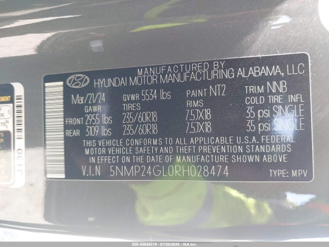 2024 Hyundai Santa Fe Sel მანქანა იყიდება აუქციონზე, vin: 5NMP24GL0RH028474, აუქციონის ნომერი: 45656319