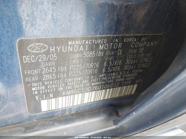 Продаж на аукціоні авто 2006 Hyundai Santa Fe Gls, vin: KM8SC13D76U106012, номер лоту: 45656340