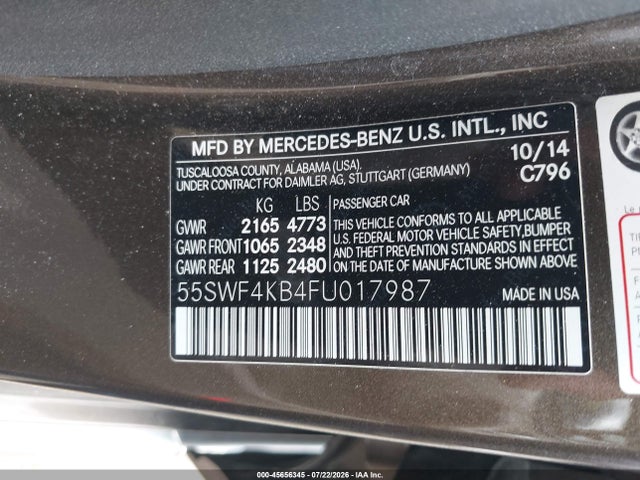 Auction sale of the 2015 Mercedes-benz C 300 Luxury 4matic, vin: 55SWF4KB4FU017987, lot number: 45656345