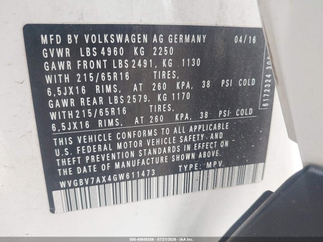 45656356 :رقم المزاد ، WVGBV7AX4GW611473 vin ، 2016 Volkswagen Tiguan S مزاد بيع