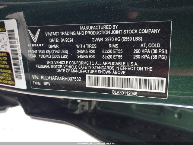 Продажа на аукционе авто 2024 Vinfast Vf 8 Plus, vin: RLLV1AFA4RH007532, номер лота: 45656359