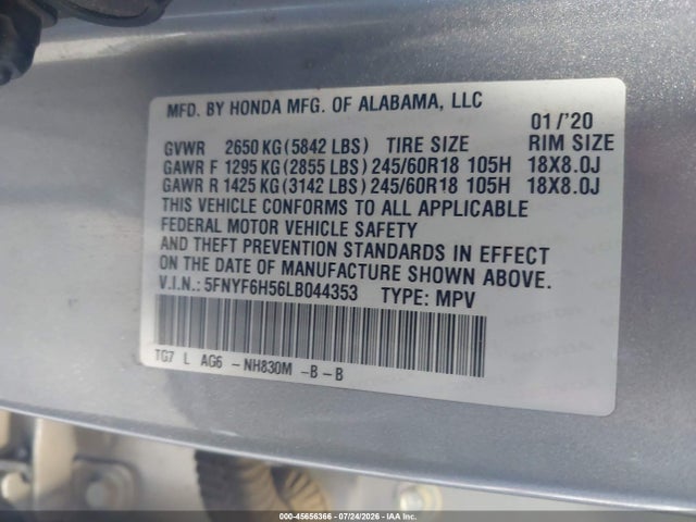 Aukcja sprzedaży 2020 Honda Pilot Awd Ex-l, vin: 5FNYF6H56LB044353, numer aukcji: 45656366