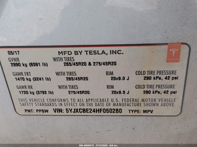 Tesla Model X 100d/75d/90d 2017 5YJXCBE24HF050280 Image 9