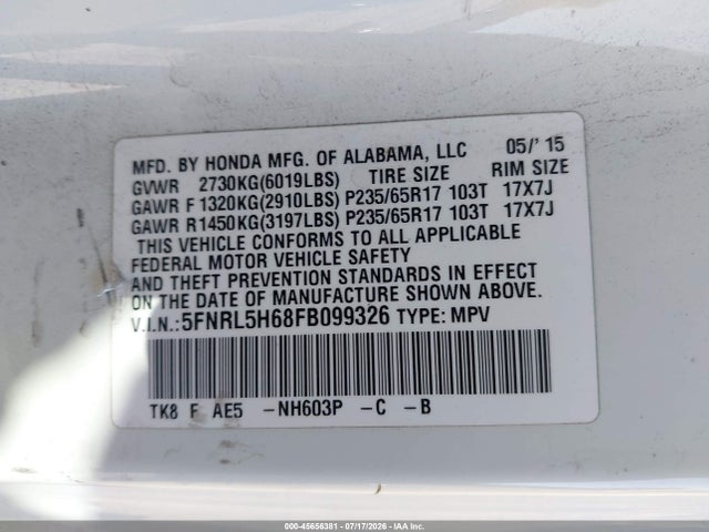 Honda Odyssey Ex-l 2015 5FNRL5H68FB099326 Image 9