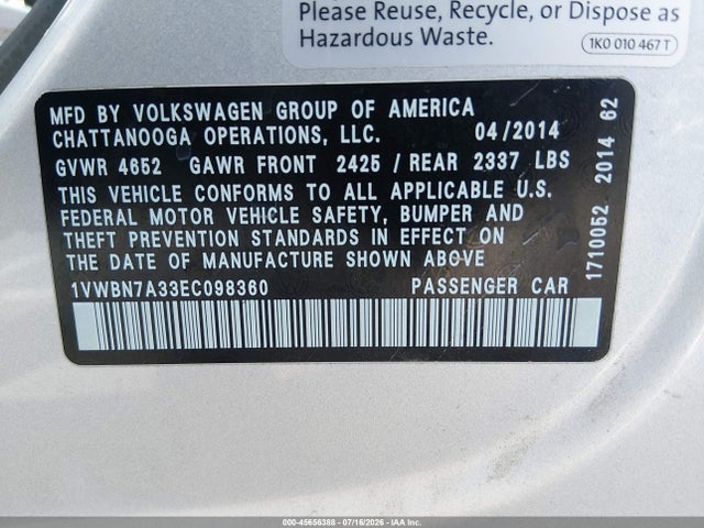 45656388 :رقم المزاد ، 1VWBN7A33EC098360 vin ، 2014 Volkswagen Passat 2.0l Tdi Se مزاد بيع