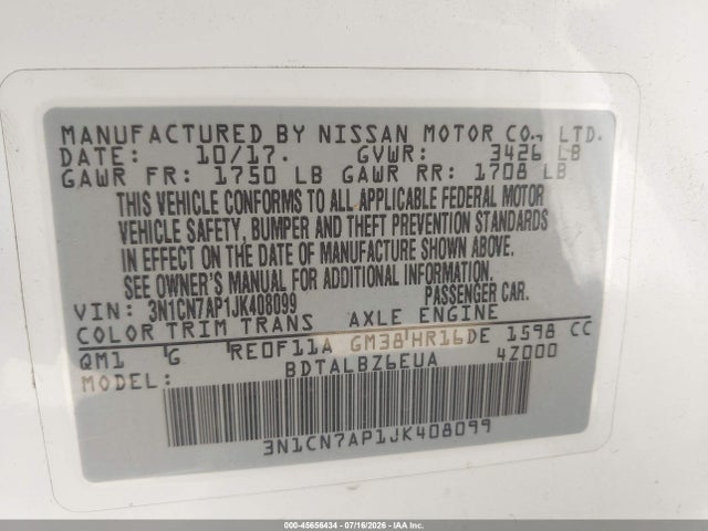 Nissan Versa 1.6 Sv 2018 3N1CN7AP1JK408099 Image 9