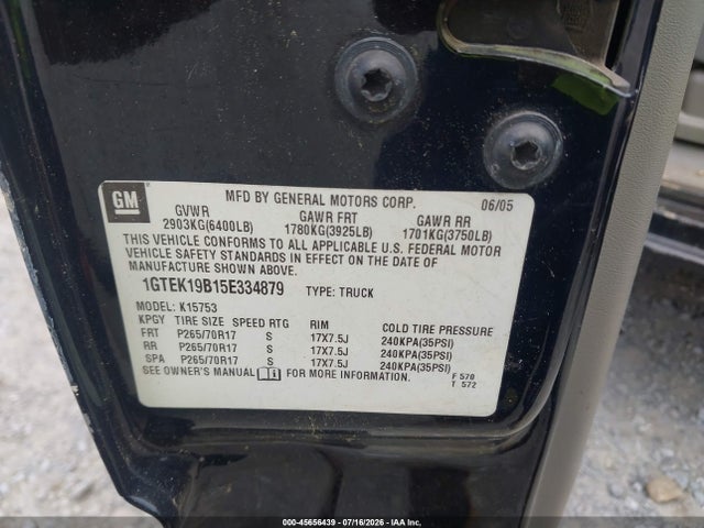 2005 Gmc Sierra 1500 Slt მანქანა იყიდება აუქციონზე, vin: 1GTEK19B15E334879, აუქციონის ნომერი: 45656439