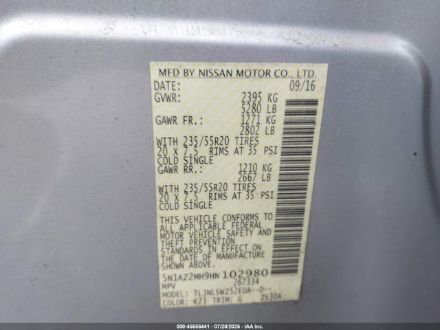2017 Nissan Murano Platinum მანქანა იყიდება აუქციონზე, vin: 5N1AZ2MH9HN102980, აუქციონის ნომერი: 45656441