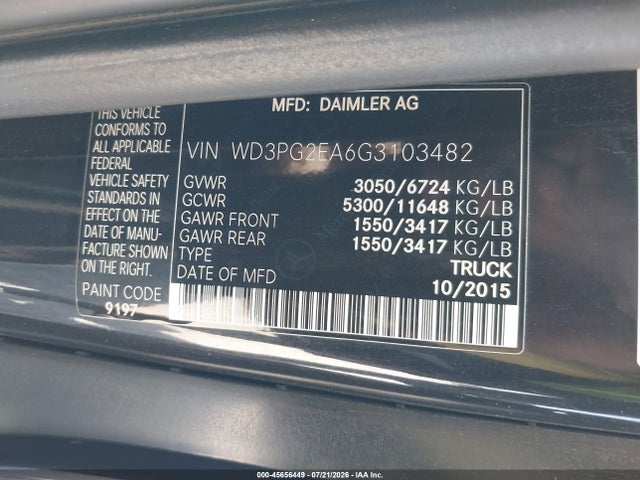 2016 Mercedes-benz Metris მანქანა იყიდება აუქციონზე, vin: WD3PG2EA6G3103482, აუქციონის ნომერი: 45656449