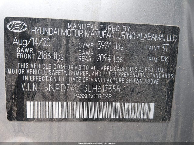 5NPD74LF3LH617355 Hyundai ELANTRA SE