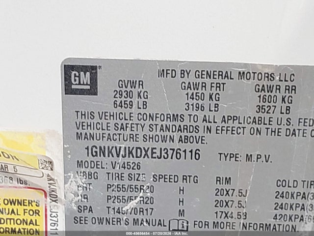 Продаж на аукціоні авто 2014 Chevrolet Traverse Ltz, vin: 1GNKVJKDXEJ376116, номер лоту: 45656454