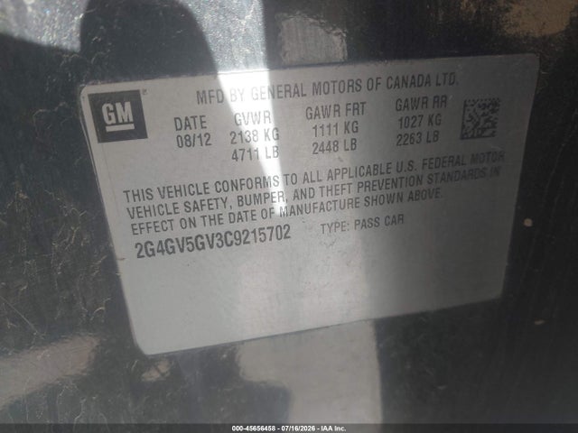 45656458 :رقم المزاد ، 2G4GV5GV3C9215702 vin ، 2012 Buick Regal Gs مزاد بيع