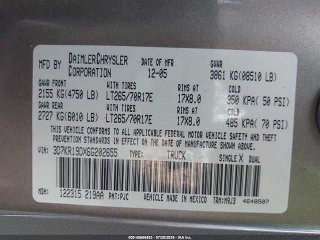 Aukcja sprzedaży 2006 Dodge Ram 1500 Slt, vin: 3D7KR19DX6G202655, numer aukcji: 45656493