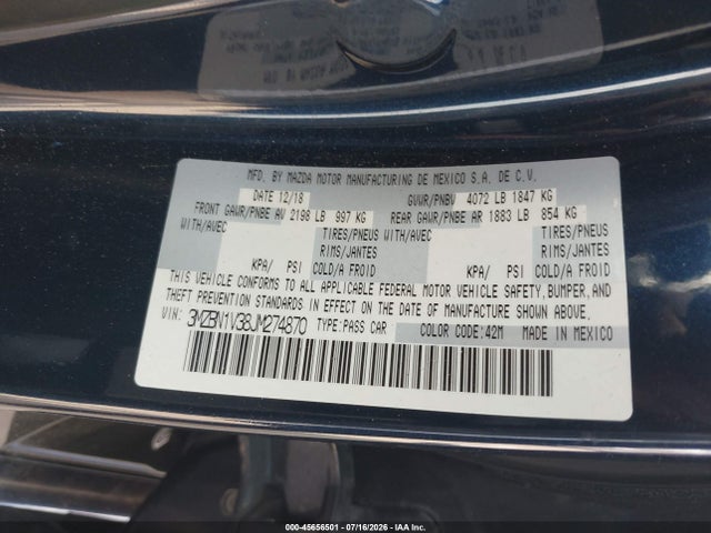 Aukcja sprzedaży 2018 Mazda Mazda3 Touring, vin: 3MZBN1V38JM274870, numer aukcji: 45656501
