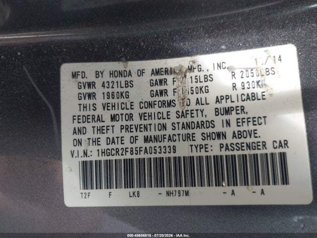 Honda Accord Ex-l 2015 1HGCR2F85FA053339 Image 9