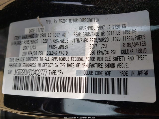 2013 Mazda Cx-9 Grand Touring მანქანა იყიდება აუქციონზე, vin: JM3TB3DV6D0402777, აუქციონის ნომერი: 45656546
