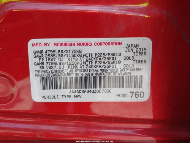Aukcja sprzedaży 2016 Mitsubishi Outlander Se/sel, vin: JA4AD3A34GZ007360, numer aukcji: 45656549