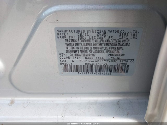 3N1AB7APXGY241912 Nissan SENTRA SV