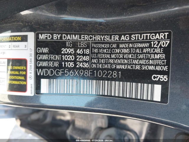 45656566 :رقم المزاد ، WDDGF56X98F102281 vin ، 2008 Mercedes-benz C 350 Sport مزاد بيع