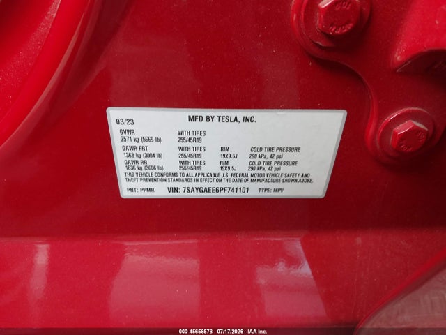 Продаж на аукціоні авто 2023 Tesla Model Y Awd/long Range Dual Motor All-wheel Drive, vin: 7SAYGAEE6PF741101, номер лоту: 45656578