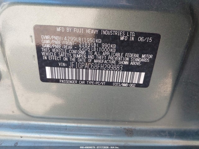 Продаж на аукціоні авто 2015 Subaru Impreza 2.0i Premium, vin: JF1GPAC68FH299883, номер лоту: 45656579
