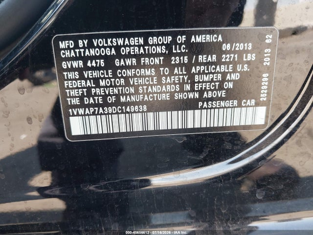 Aukcja sprzedaży 2013 Volkswagen Passat 2.5l S, vin: 1VWAP7A39DC149638, numer aukcji: 45656612