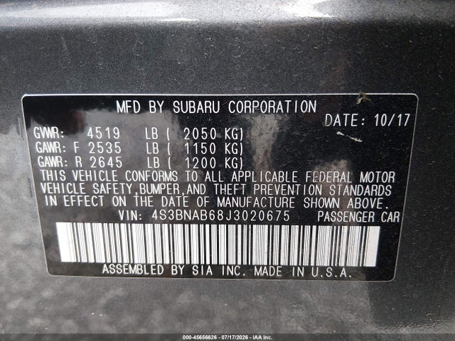 45656626 :رقم المزاد ، 4S3BNAB68J3020675 vin ، 2018 Subaru Legacy 2.5i مزاد بيع