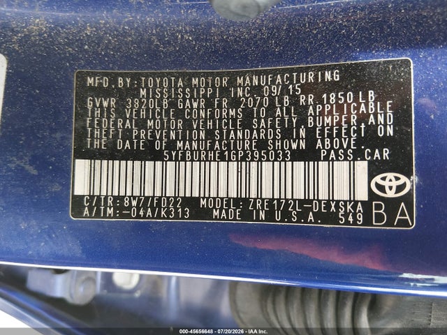 Aukcja sprzedaży 2016 Toyota Corolla S Plus, vin: 5YFBURHE1GP395033, numer aukcji: 45656648