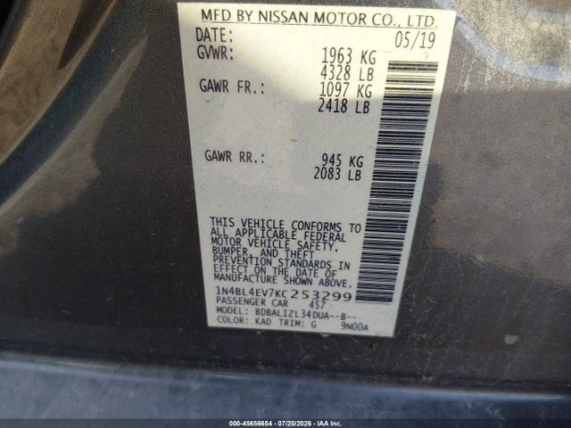 Продаж на аукціоні авто 2019 Nissan Altima 2.5 Sl, vin: 1N4BL4EV7KC253299, номер лоту: 45656654
