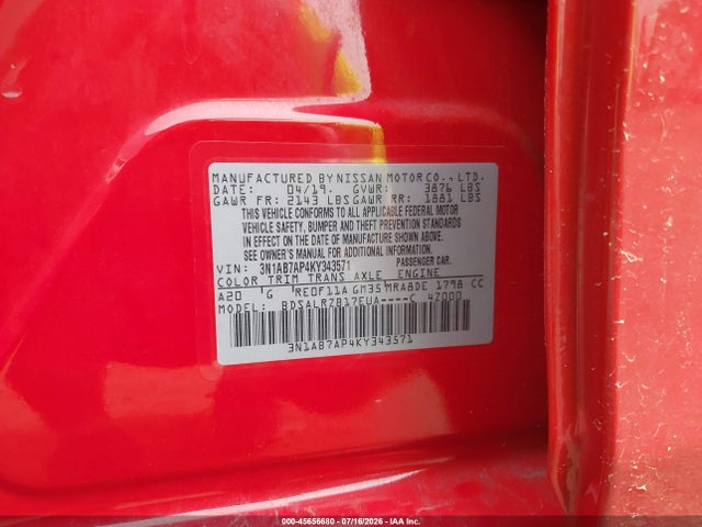 2019 Nissan Sentra Sr მანქანა იყიდება აუქციონზე, vin: 3N1AB7AP4KY343571, აუქციონის ნომერი: 45656680