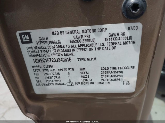 45656693 :رقم المزاد ، 1GNEC16T23J340616 vin ، 2003 Chevrolet Suburban 1500 Ls مزاد بيع