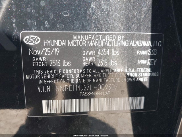 45656704 :رقم المزاد ، 5NPEH4J27LH009307 vin ، 2020 Hyundai Sonata Limited مزاد بيع