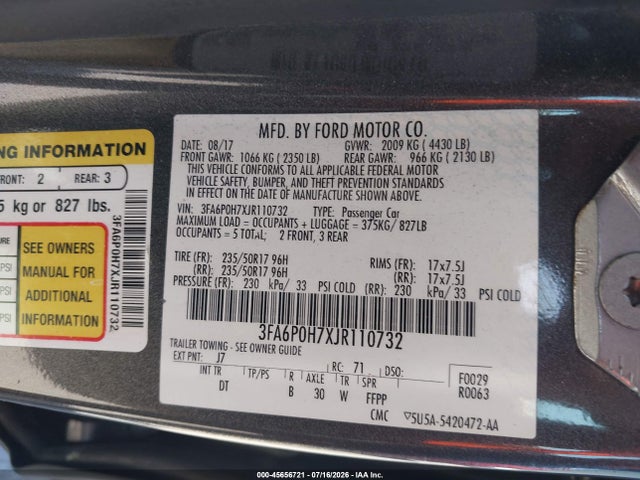 Ford FUSION SE 2018 3FA6P0H7XJR110732 Image 9