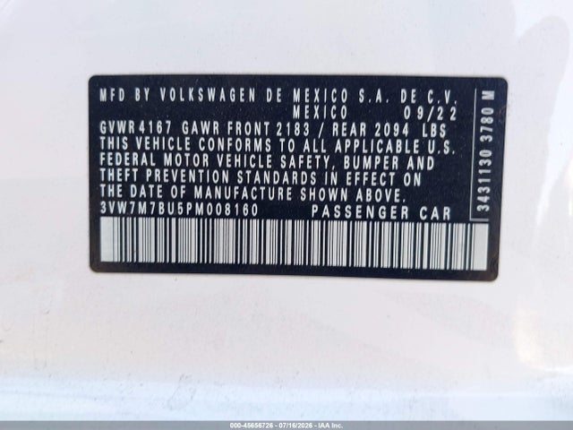 Aukcja sprzedaży 2023 Volkswagen Jetta 1.5t Se, vin: 3VW7M7BU5PM008160, numer aukcji: 45656726