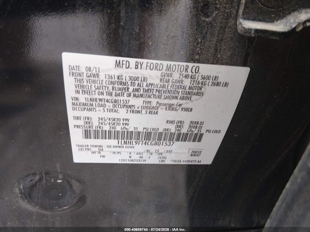 45656744 :رقم المزاد ، 1LNHL9FT4CG801537 vin ، 2012 Lincoln Mks Ecoboost مزاد بيع