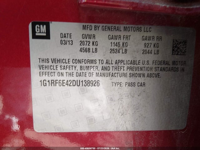 Продаж на аукціоні авто 2013 Chevrolet Volt, vin: 1G1RF6E42DU138926, номер лоту: 45656750