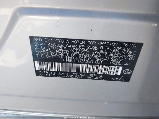 Продажа на аукционе авто 2010 Lexus Es 350, vin: JTHBK1EG3A2401061, номер лота: 45656759