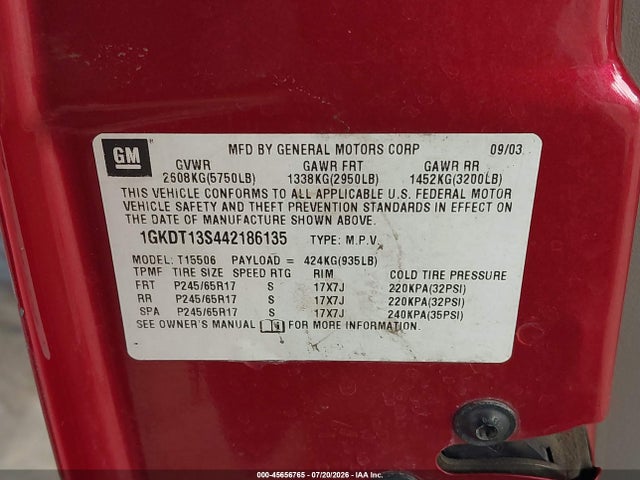 Aukcja sprzedaży 2004 Gmc Envoy Slt, vin: 1GKDT13S442186135, numer aukcji: 45656765