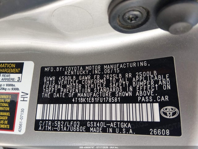 2015 Toyota Avalon Xle Premium მანქანა იყიდება აუქციონზე, vin: 4T1BK1EB1FU178581, აუქციონის ნომერი: 45656767