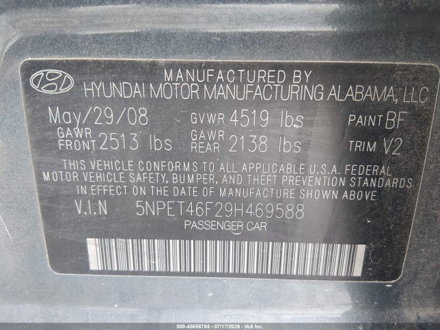 Продажа на аукционе авто 2009 Hyundai Sonata Gls V6, vin: 5NPET46F29H469588, номер лота: 45656784