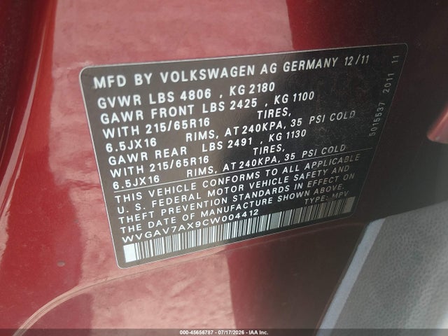 Продажа на аукционе авто 2012 Volkswagen Tiguan S, vin: WVGAV7AX9CW004412, номер лота: 45656787