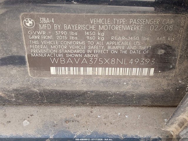 Aukcja sprzedaży 2008 Bmw 328i, vin: WBAVA375X8NL49393, numer aukcji: 45656812