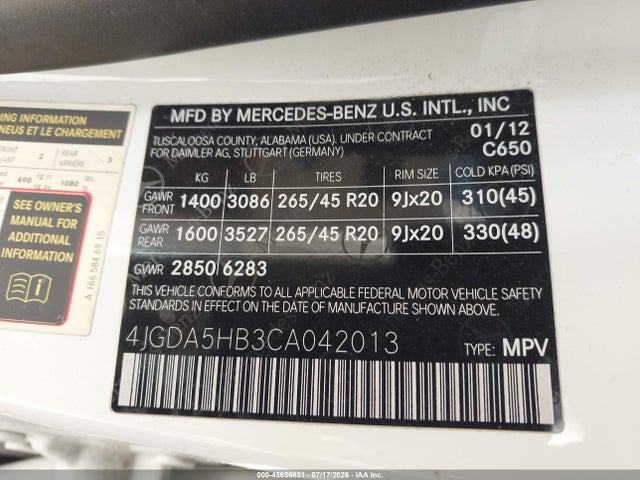 45656831 :رقم المزاد ، 4JGDA5HB3CA042013 vin ، 2012 Mercedes-benz Ml 350 4matic مزاد بيع