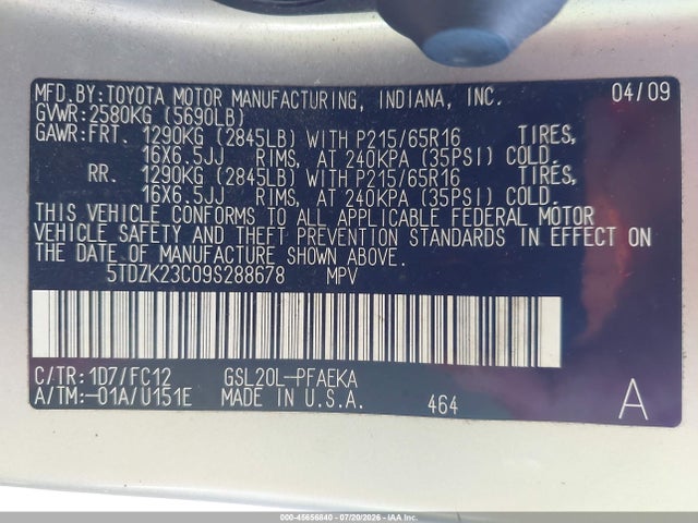 45656840 :رقم المزاد ، 5TDZK23C09S288678 vin ، 2009 Toyota Sienna Le مزاد بيع