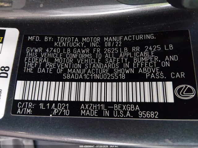 45656847 :رقم المزاد ، 58ADA1C11NU025518 vin ، 2022 Lexus Es 300h مزاد بيع