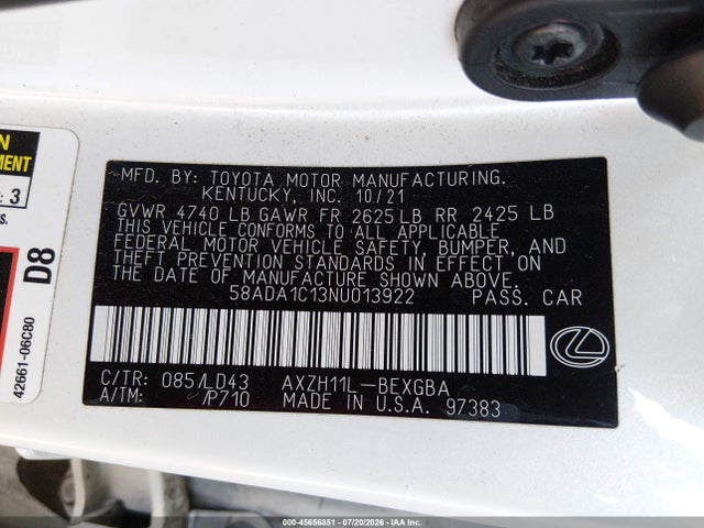 Aukcja sprzedaży 2022 Lexus Es 300h, vin: 58ADA1C13NU013922, numer aukcji: 45656851